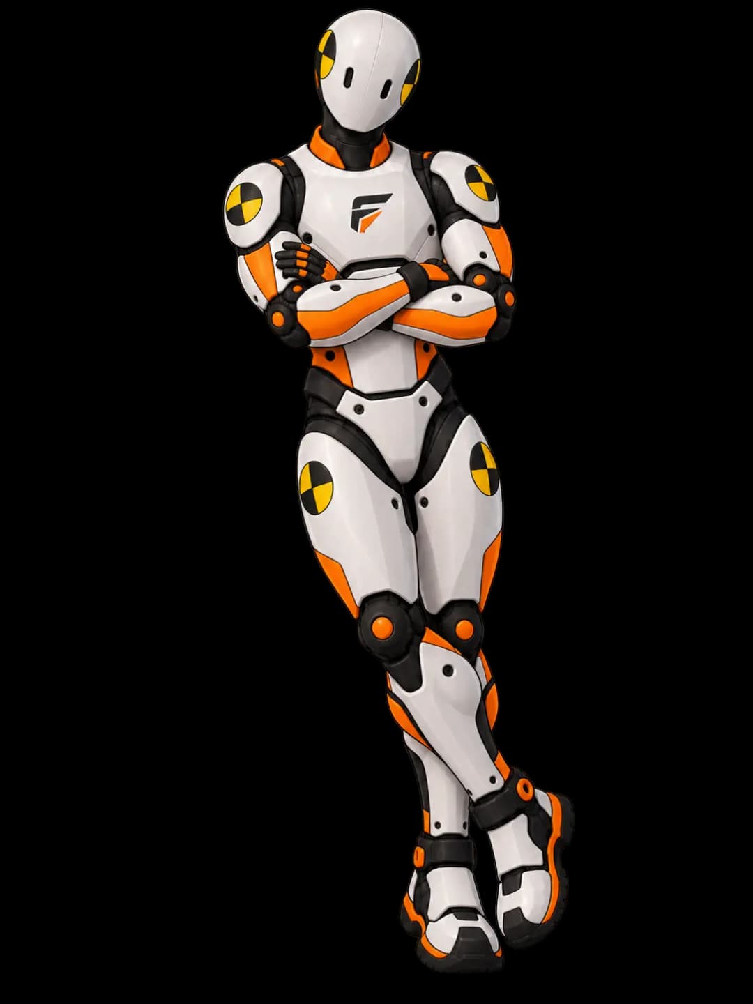 Dummy, the Flight Division crash test dummy, leaning with arms crossed